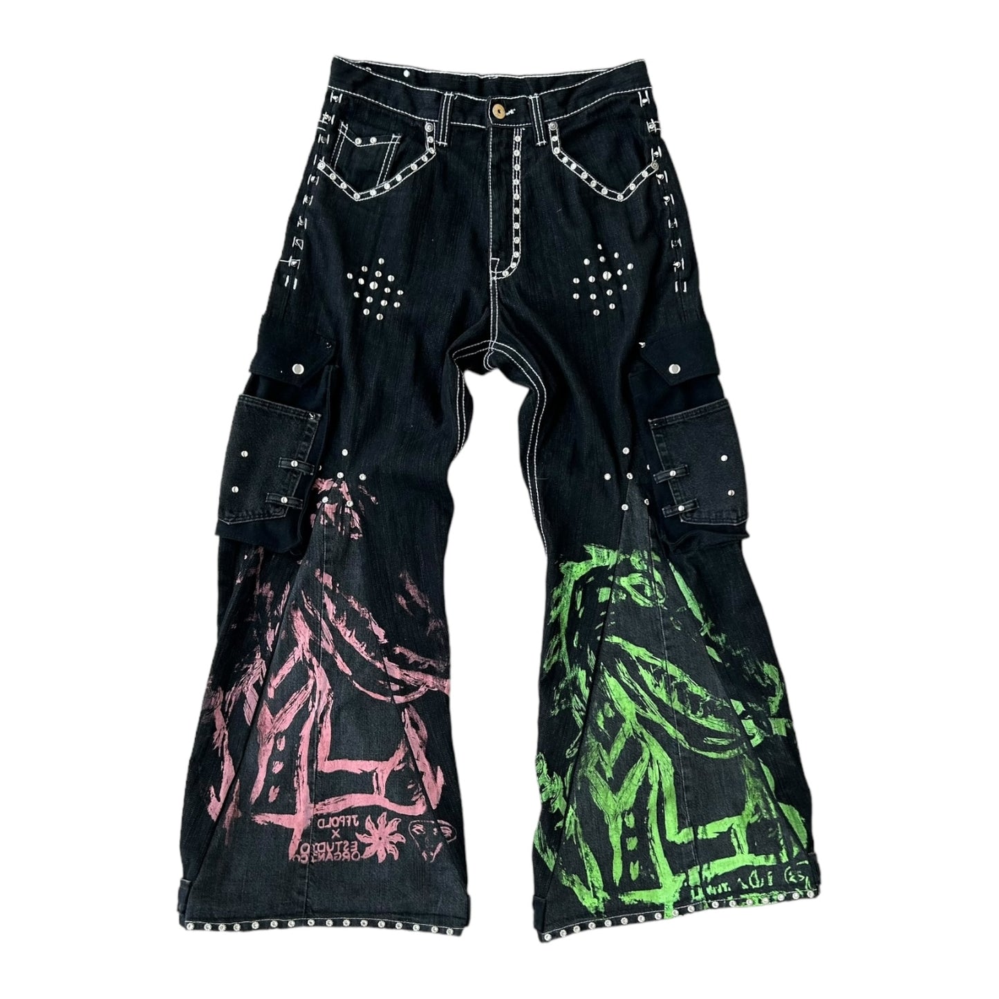 Swamp Tech studded out Gator denim flares