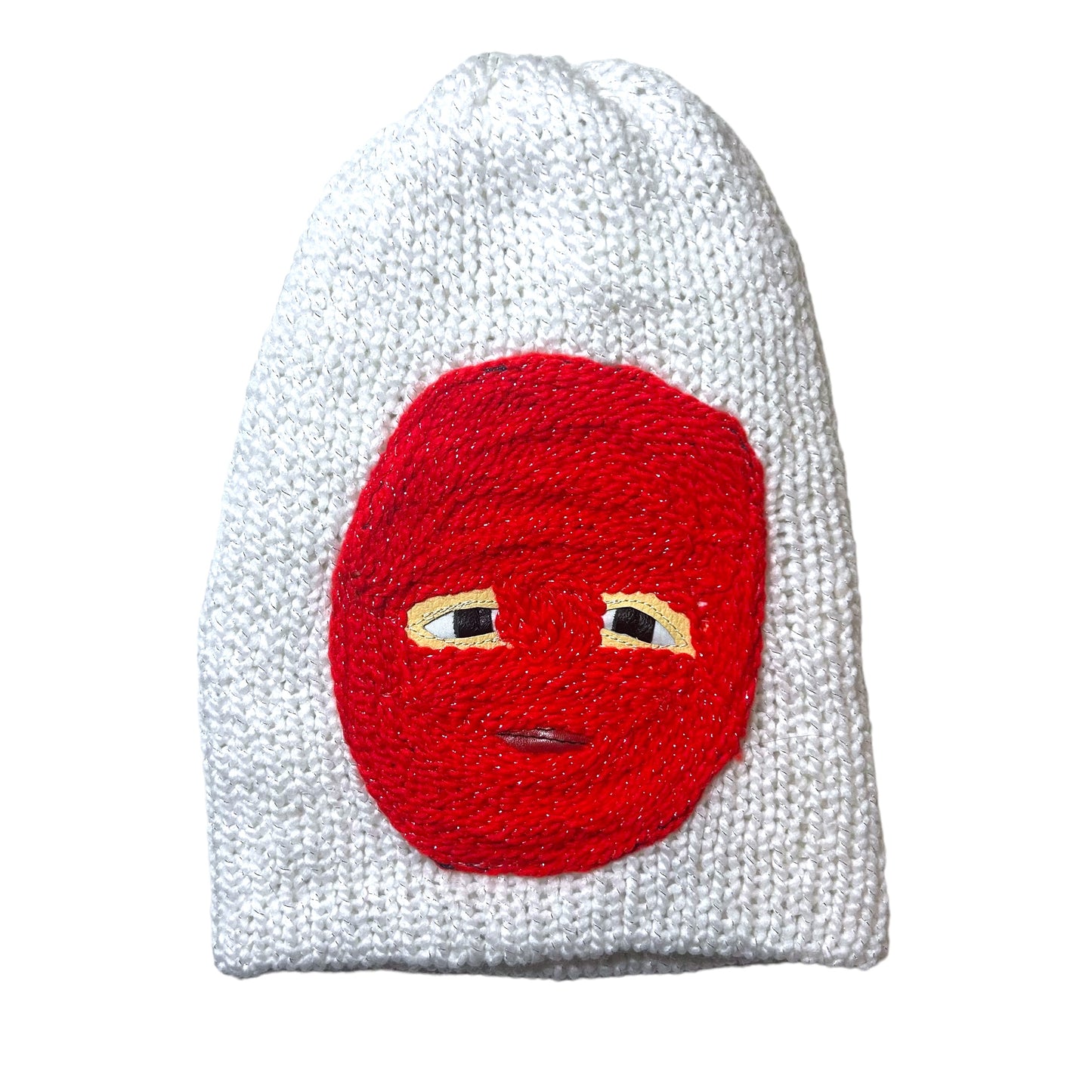 Plastered Face Handmade Beanie 1/1 White/ Red (Metallic Detail)